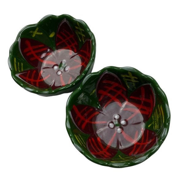 Vintage Christmas Poinsettia Set of 2 Ceramic Dessert Bowls w/ Scalloped Edges - Picture 1 of 6